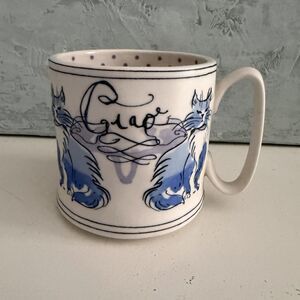 ANTHROPOLOGIE Coffee Tea Mug Ciao Bella Cat Blue Polka Dot Interior CUP Ceramic
